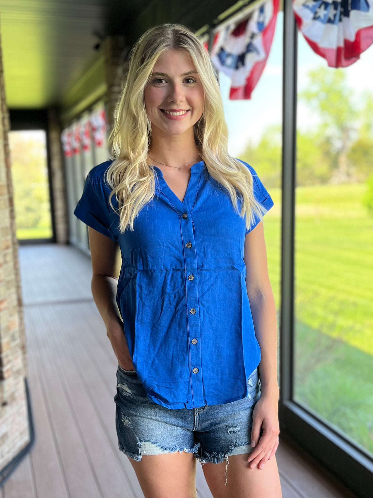 Short Rolled Sleeve Buttoned Down Blouse