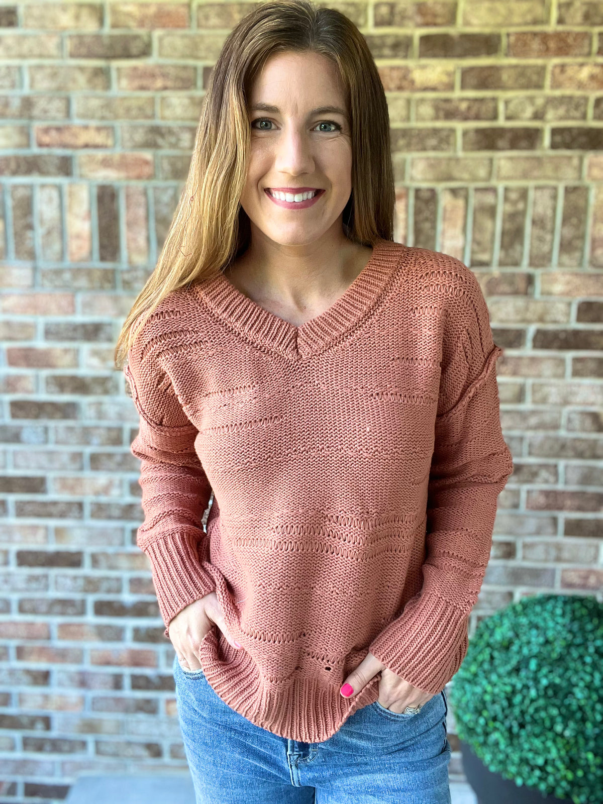 Distressed Detail, V-Neck, Pullover Sweater